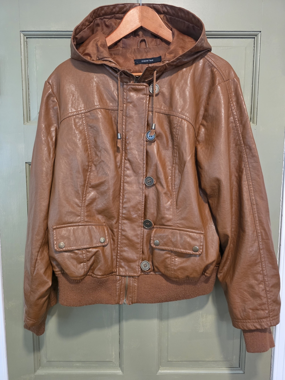 Paper Tee Faux Leather Hooded Bomber Jacket XL/1X Indie Moto